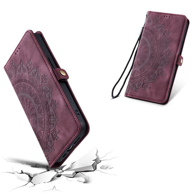 Style 016 For Xiaomi Poco C75 4G / Redmi 14R 5G / 14C 4G Case Skin Feel Totem Imprinted Wallet Leather Phone Cover - Wine Red