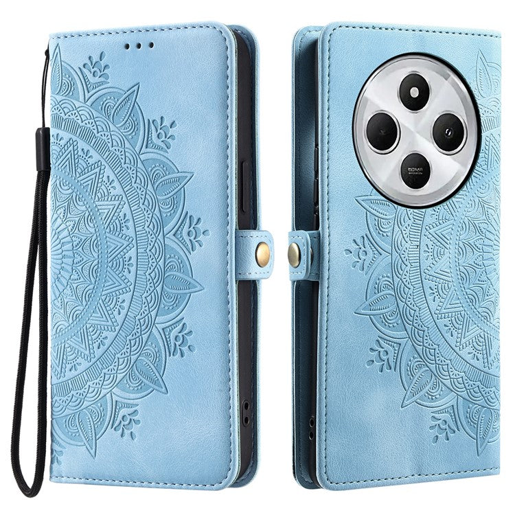 Style 016 For Xiaomi Poco C75 4G / Redmi 14R 5G / 14C 4G Case Skin Feel Totem Imprinted Wallet Leather Phone Cover - Lake Blue