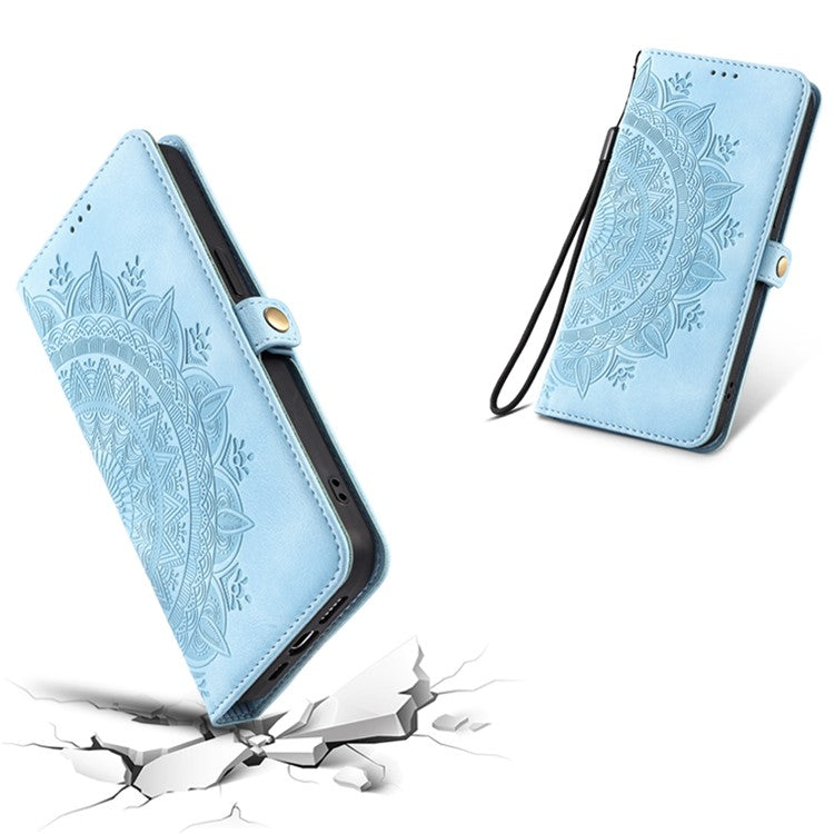 Style 016 For Xiaomi Poco C75 4G / Redmi 14R 5G / 14C 4G Case Skin Feel Totem Imprinted Wallet Leather Phone Cover - Lake Blue