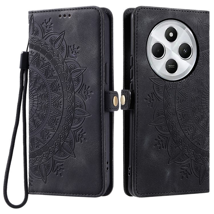 Style 016 For Xiaomi Poco C75 4G / Redmi 14R 5G / 14C 4G Case Skin Feel Totem Imprinted Wallet Leather Phone Cover - Black