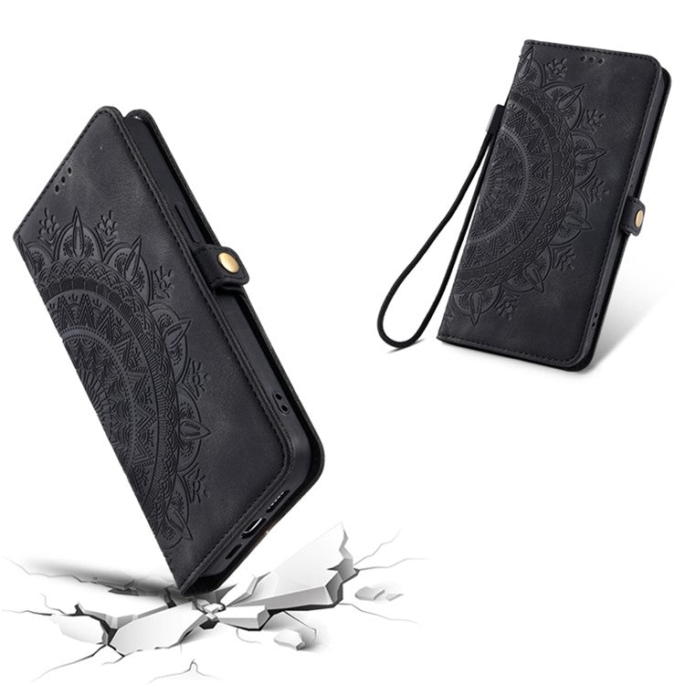 Style 016 For Xiaomi Poco C75 4G / Redmi 14R 5G / 14C 4G Case Skin Feel Totem Imprinted Wallet Leather Phone Cover - Black