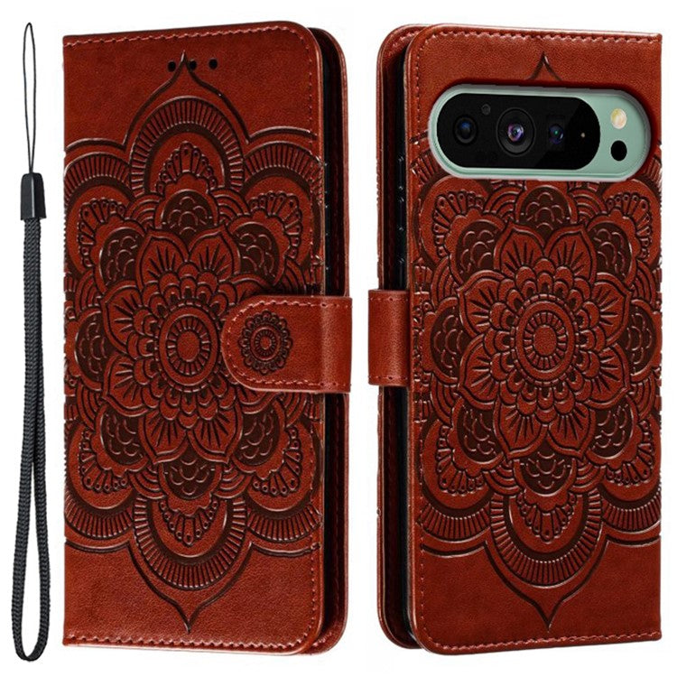 For Google Pixel 9 Pro / Pixel 9 Case PU Leather Mandala Imprinted Design Wallet Phone Cover - Brown