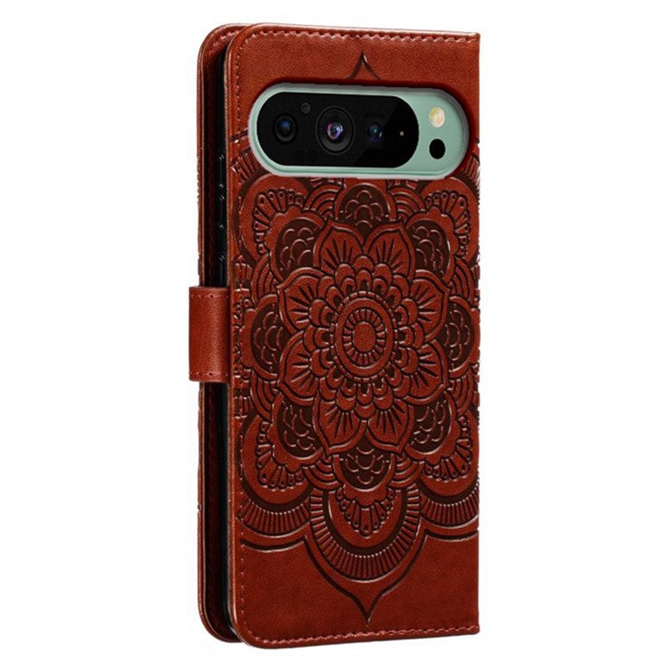 For Google Pixel 9 Pro / Pixel 9 Case PU Leather Mandala Imprinted Design Wallet Phone Cover - Brown