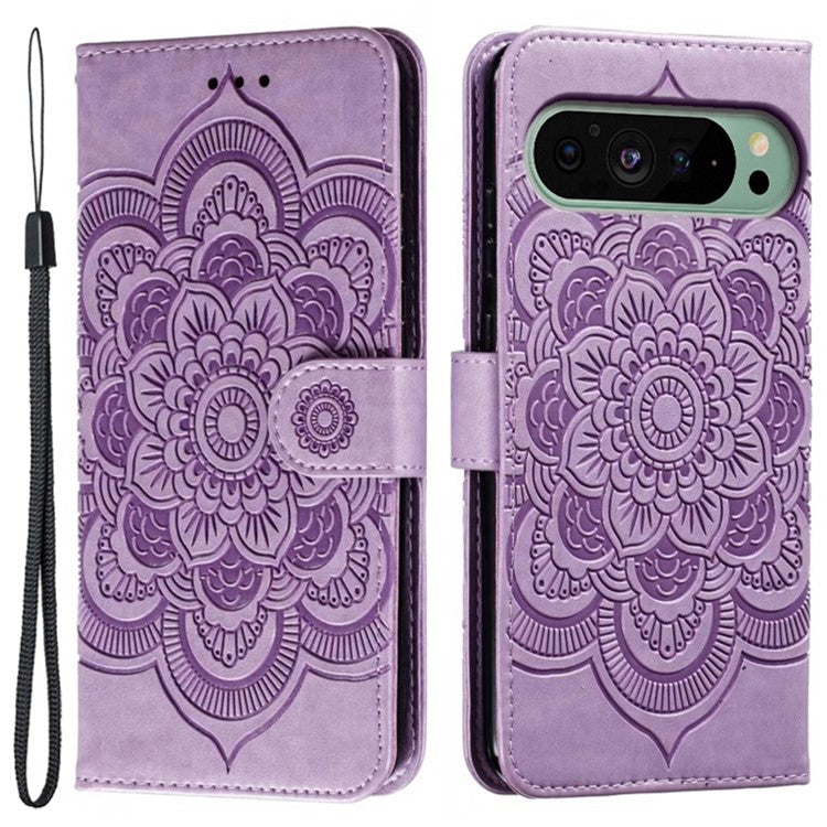 For Google Pixel 9 Pro / Pixel 9 Case PU Leather Mandala Imprinted Design Wallet Phone Cover - Purple