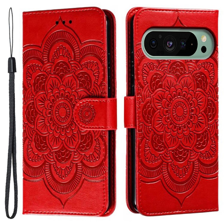 For Google Pixel 9 Pro / Pixel 9 Case PU Leather Mandala Imprinted Design Wallet Phone Cover - Red