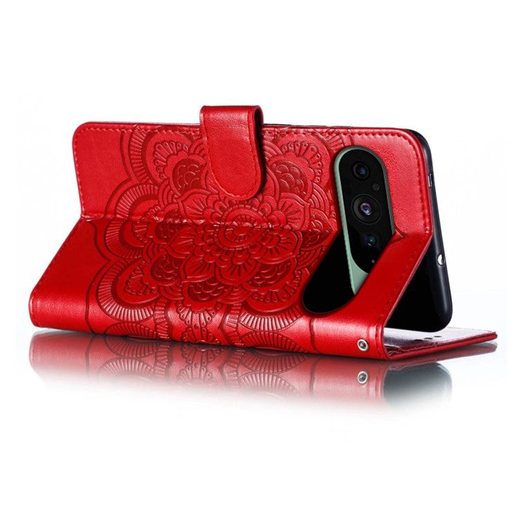 For Google Pixel 9 Pro / Pixel 9 Case PU Leather Mandala Imprinted Design Wallet Phone Cover - Red