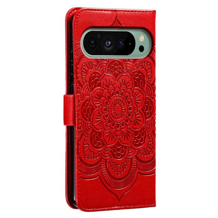 For Google Pixel 9 Pro / Pixel 9 Case PU Leather Mandala Imprinted Design Wallet Phone Cover - Red