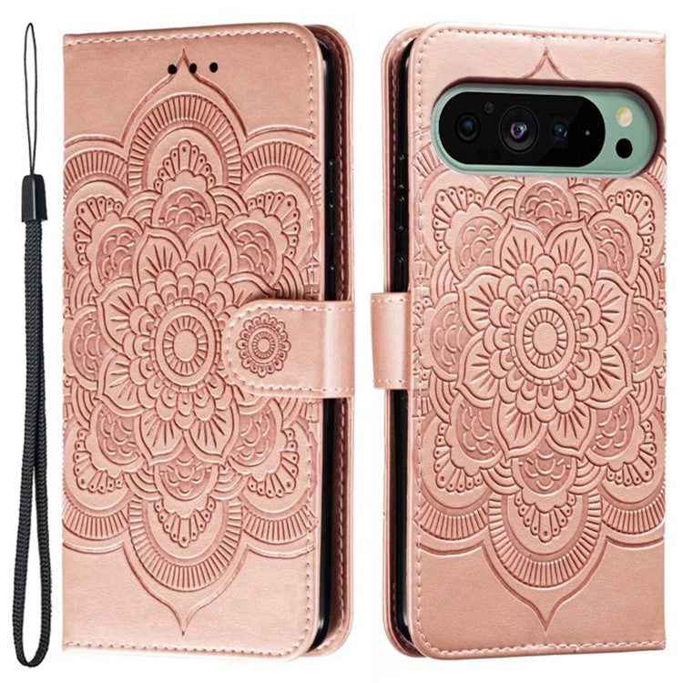 For Google Pixel 9 Pro / Pixel 9 Case PU Leather Mandala Imprinted Design Wallet Phone Cover - Rose Gold