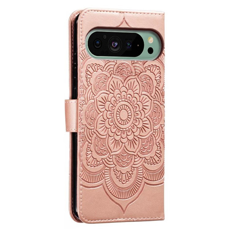 For Google Pixel 9 Pro / Pixel 9 Case PU Leather Mandala Imprinted Design Wallet Phone Cover - Rose Gold