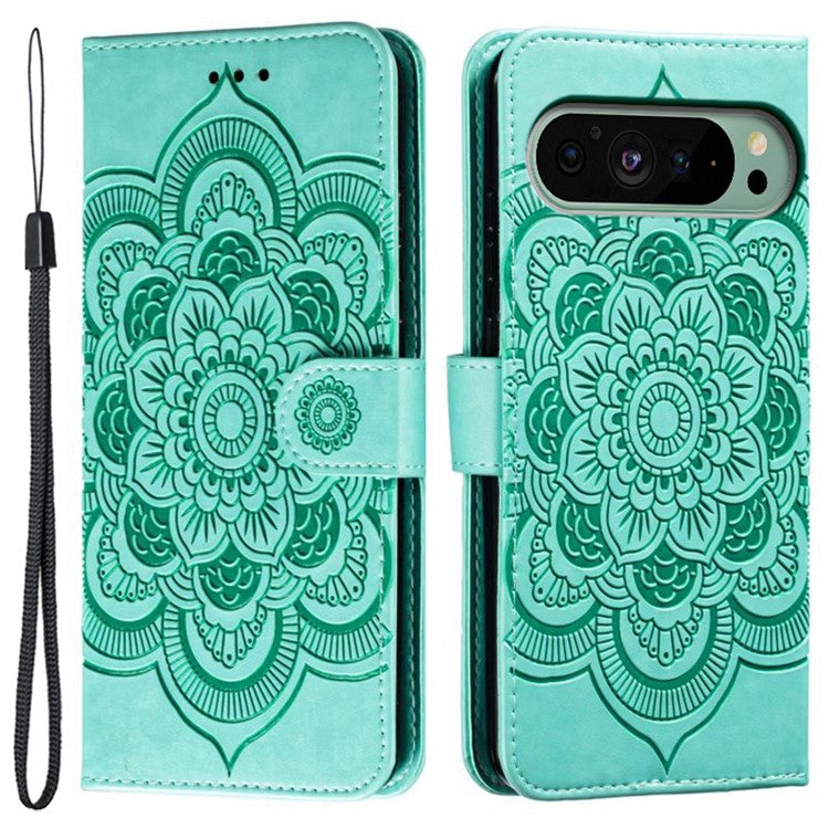 For Google Pixel 9 Pro / Pixel 9 Case PU Leather Mandala Imprinted Design Wallet Phone Cover - Green