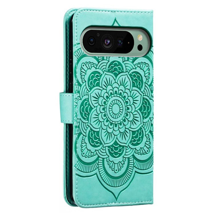 For Google Pixel 9 Pro / Pixel 9 Case PU Leather Mandala Imprinted Design Wallet Phone Cover - Green