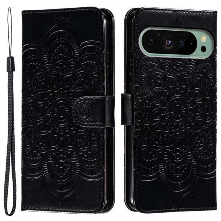 For Google Pixel 9 Pro / Pixel 9 Case PU Leather Mandala Imprinted Design Wallet Phone Cover - Black