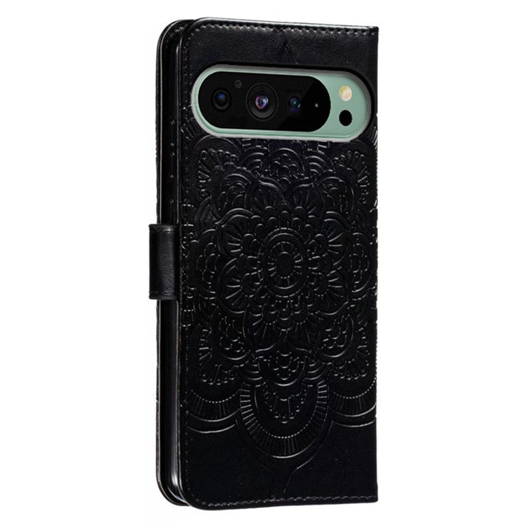 For Google Pixel 9 Pro / Pixel 9 Case PU Leather Mandala Imprinted Design Wallet Phone Cover - Black