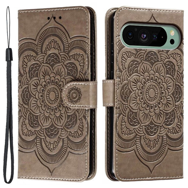 For Google Pixel 9 Pro / Pixel 9 Case PU Leather Mandala Imprinted Design Wallet Phone Cover - Grey