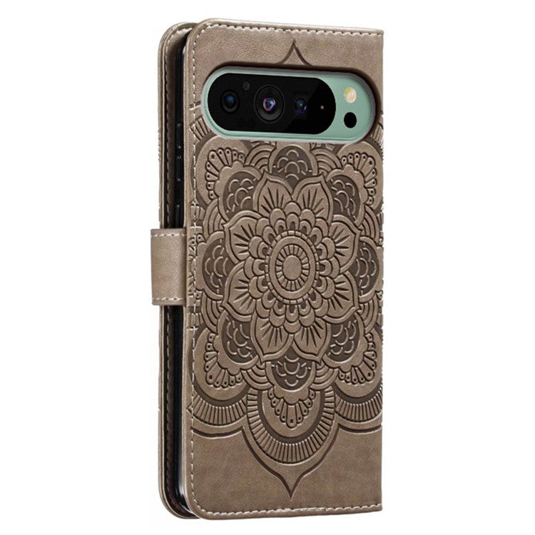 For Google Pixel 9 Pro / Pixel 9 Case PU Leather Mandala Imprinted Design Wallet Phone Cover - Grey