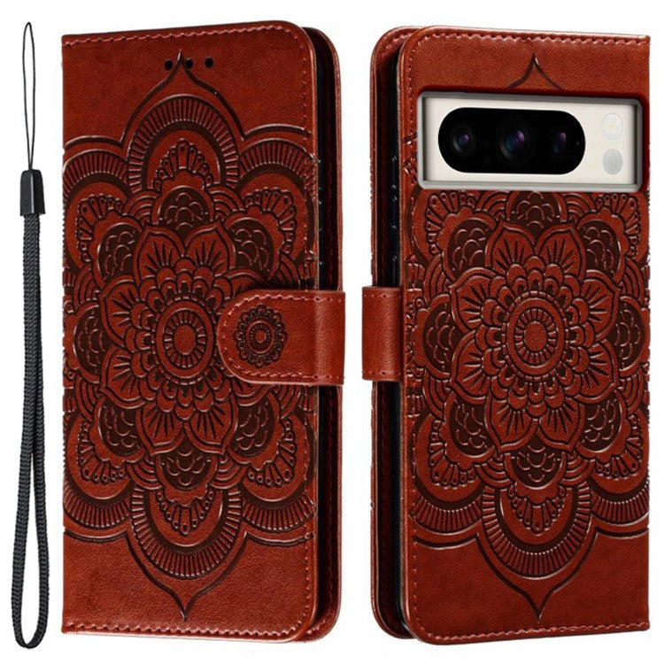 For Google Pixel 8 Pro Case PU Leather Mandala Imprinted Design Wallet Phone Cover - Brown