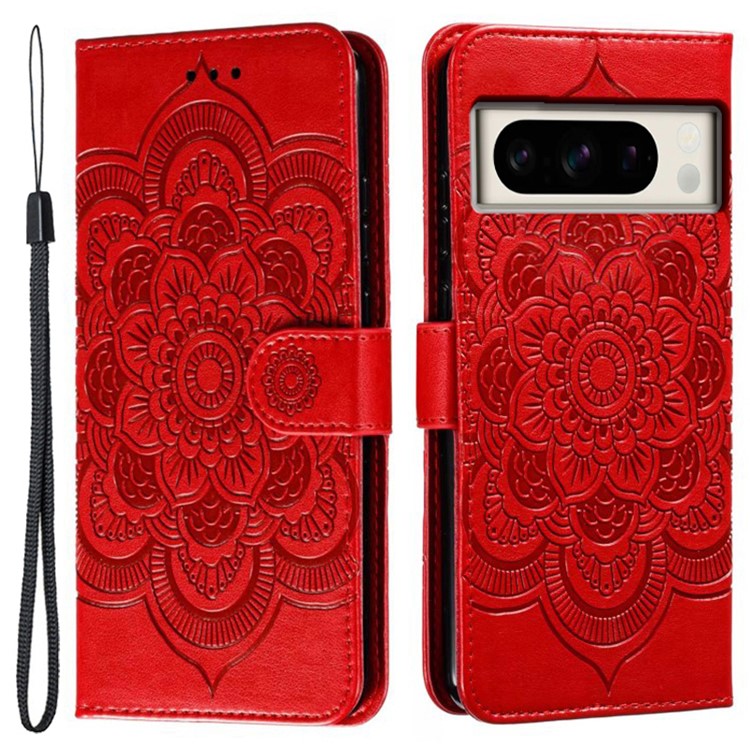 For Google Pixel 8 Pro Case PU Leather Mandala Imprinted Design Wallet Phone Cover - Red