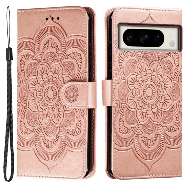 For Google Pixel 8 Pro Case PU Leather Mandala Imprinted Design Wallet Phone Cover - Rose Gold