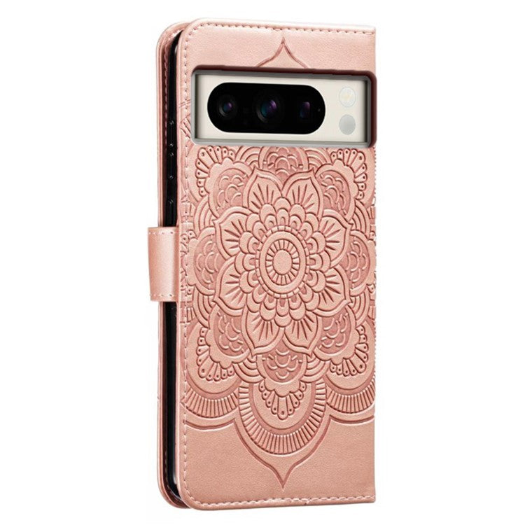 For Google Pixel 8 Pro Case PU Leather Mandala Imprinted Design Wallet Phone Cover - Rose Gold