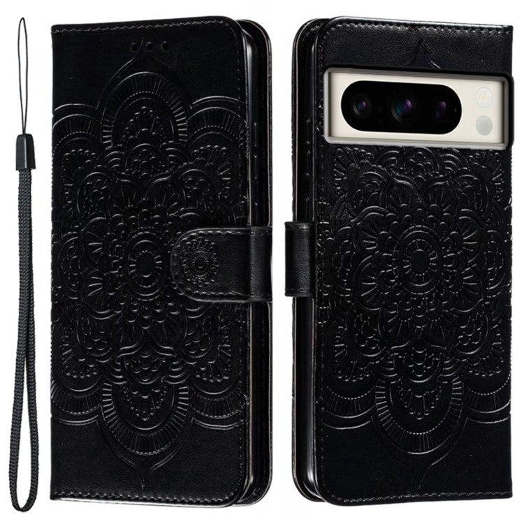 For Google Pixel 8 Pro Case PU Leather Mandala Imprinted Design Wallet Phone Cover - Black