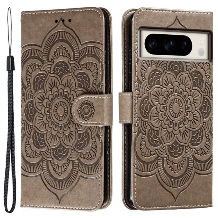 For Google Pixel 8 Pro Case PU Leather Mandala Imprinted Design Wallet Phone Cover - Grey