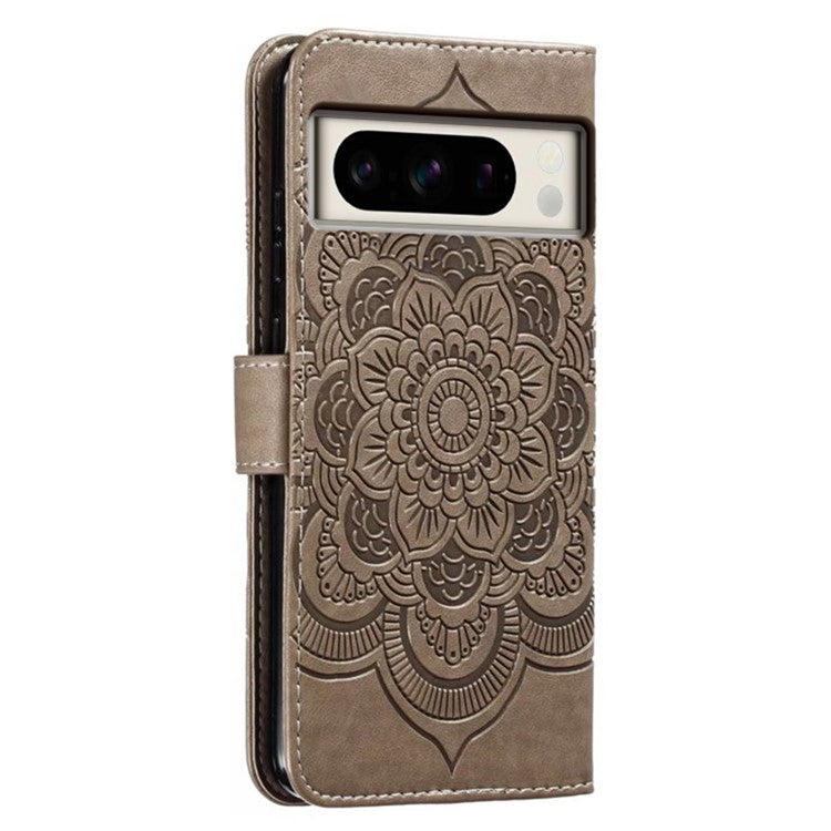 For Google Pixel 8 Pro Case PU Leather Mandala Imprinted Design Wallet Phone Cover - Grey