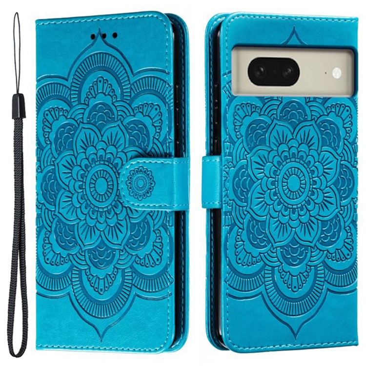 For Google Pixel 8 Case PU Leather Mandala Imprinted Design Wallet Phone Cover - Blue