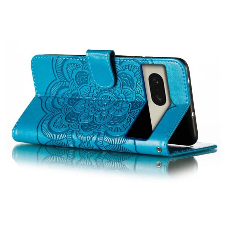 For Google Pixel 8 Case PU Leather Mandala Imprinted Design Wallet Phone Cover - Blue