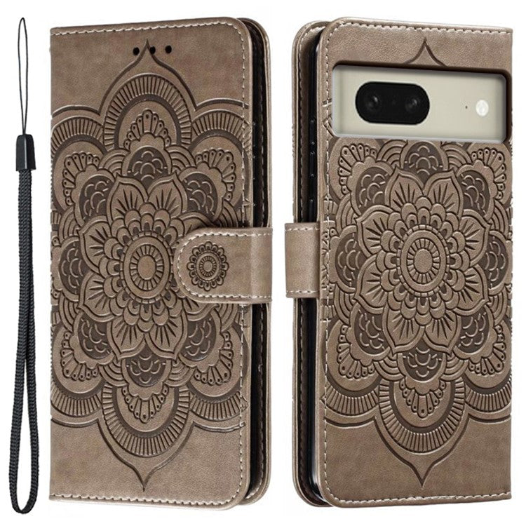 For Google Pixel 8 Case PU Leather Mandala Imprinted Design Wallet Phone Cover - Grey