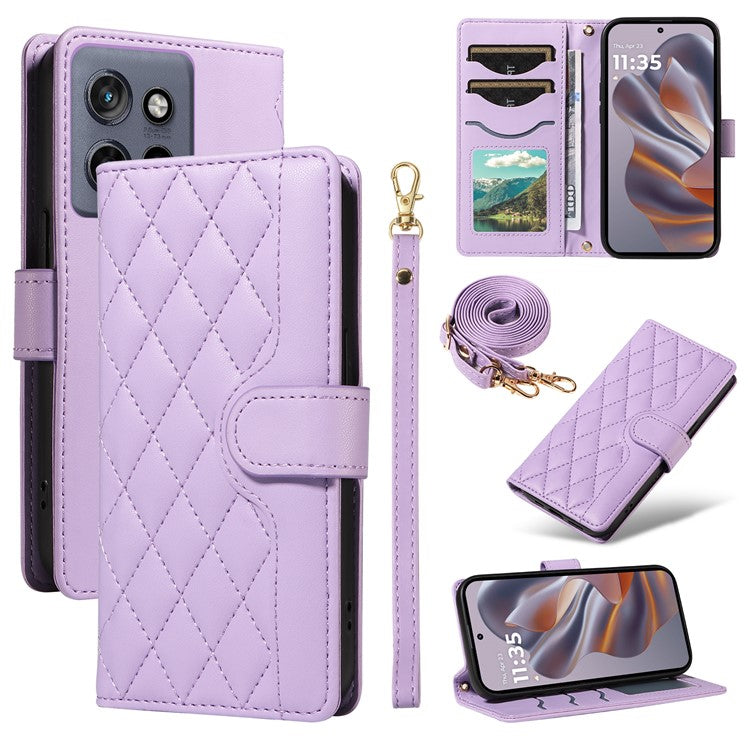 For Motorola Edge 50 Neo 5G / Moto S50 5G / Thinkphone 25 5G Case Wallet Rhombus Leather Phone Cover with Shoulder Strap, Wrist Strap - Light Purple