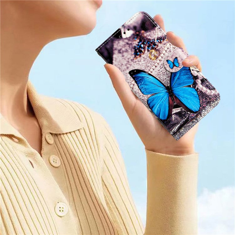 For Xiaomi Poco C75 4G / Redmi 14R 5G / 14C 4G Wallet Case Printed Pattern Design Leather Phone Cover - Blue Butterfly