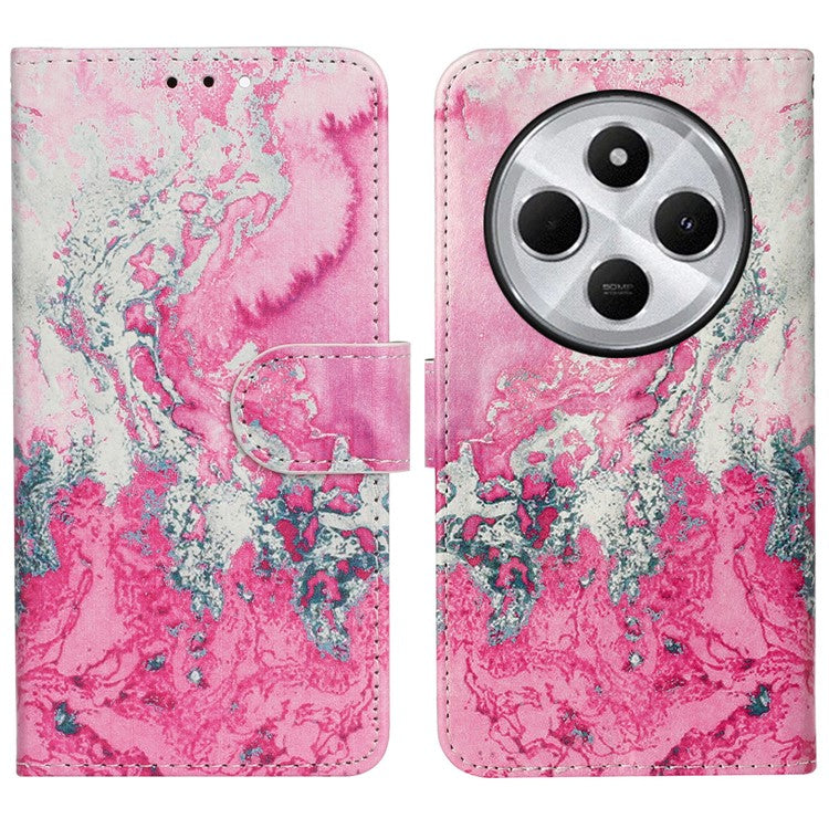 For Xiaomi Redmi 14C 4G Case Pattern PU Leather Flip Phone Cover - Pink Seawater Marble