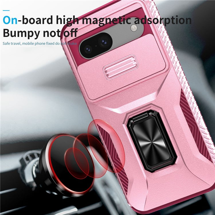 For Google Pixel 8a Case Camshield Kickstand TPU+PC Anti-Slip Phone Cover - Pink+Wine Red