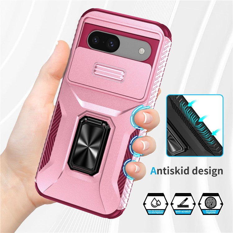 For Google Pixel 8a Case Camshield Kickstand TPU+PC Anti-Slip Phone Cover - Pink+Wine Red