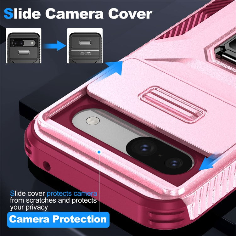 For Google Pixel 8a Case Camshield Kickstand TPU+PC Anti-Slip Phone Cover - Pink+Wine Red