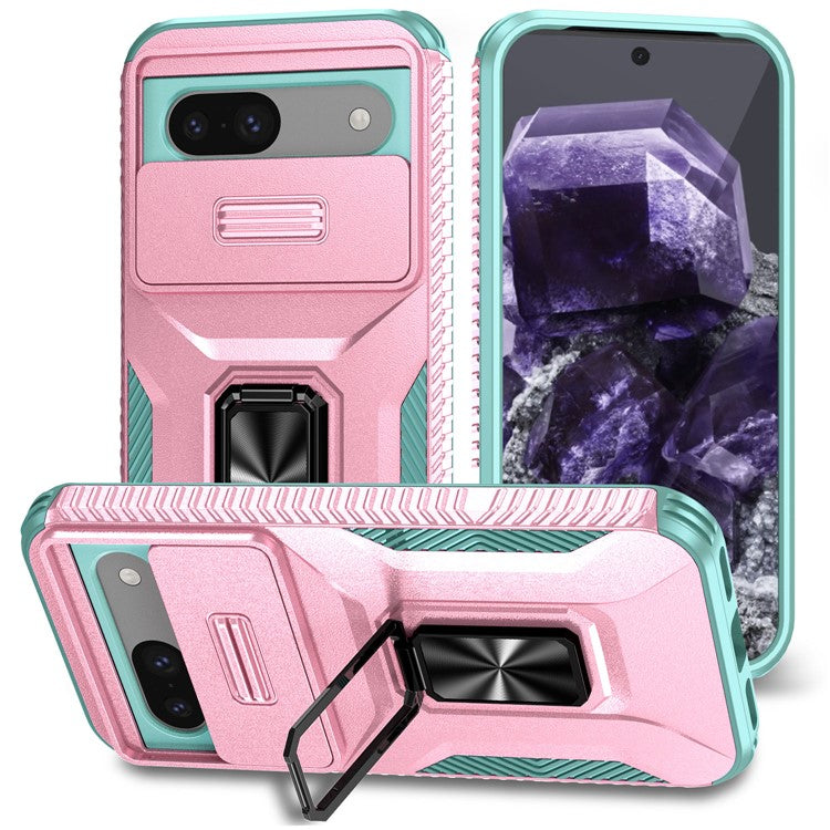 For Google Pixel 8a Case Camshield Kickstand TPU+PC Anti-Slip Phone Cover - Pink+Grey Green