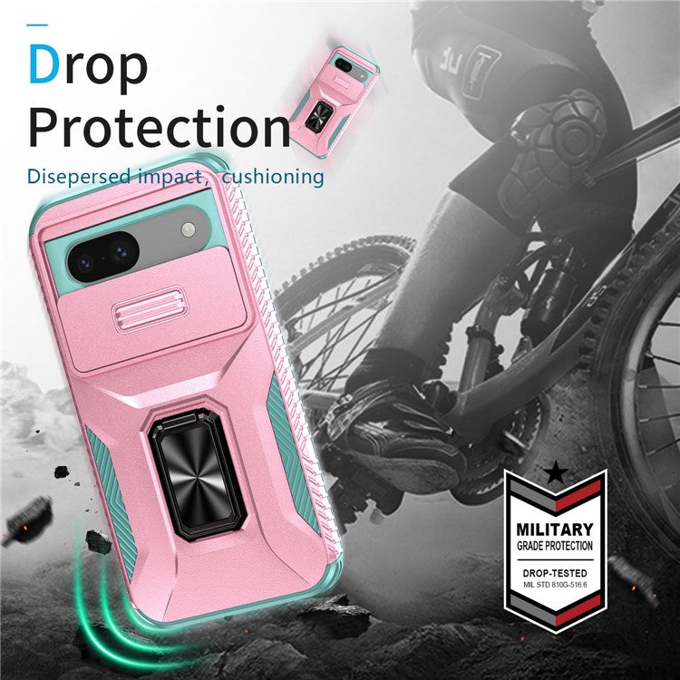 For Google Pixel 8a Case Camshield Kickstand TPU+PC Anti-Slip Phone Cover - Pink+Grey Green