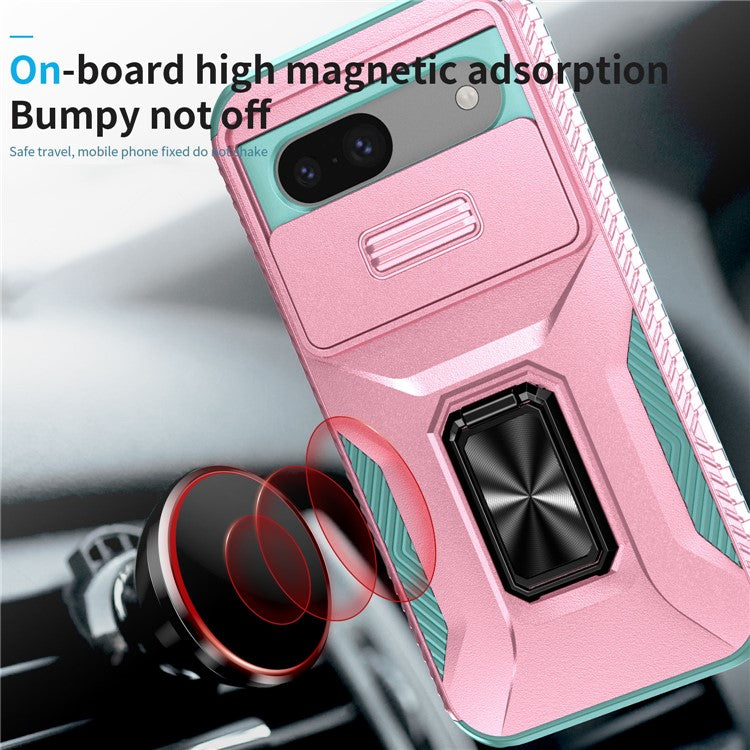 For Google Pixel 8a Case Camshield Kickstand TPU+PC Anti-Slip Phone Cover - Pink+Grey Green