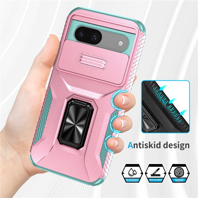 For Google Pixel 8a Case Camshield Kickstand TPU+PC Anti-Slip Phone Cover - Pink+Grey Green