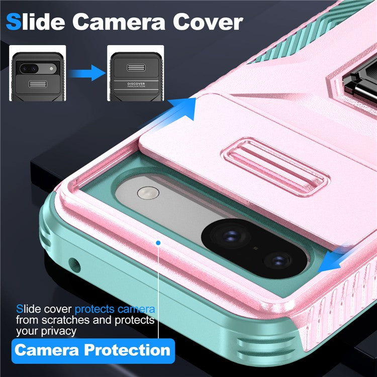 For Google Pixel 8a Case Camshield Kickstand TPU+PC Anti-Slip Phone Cover - Pink+Grey Green