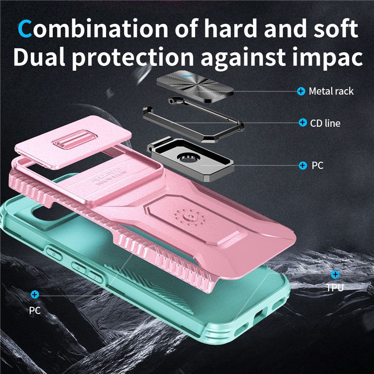 For Google Pixel 8a Case Camshield Kickstand TPU+PC Anti-Slip Phone Cover - Pink+Grey Green