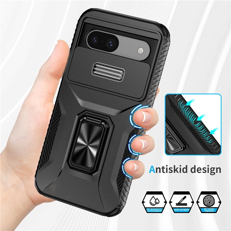 For Google Pixel 8a Case Camshield Kickstand TPU+PC Anti-Slip Phone Cover - Black