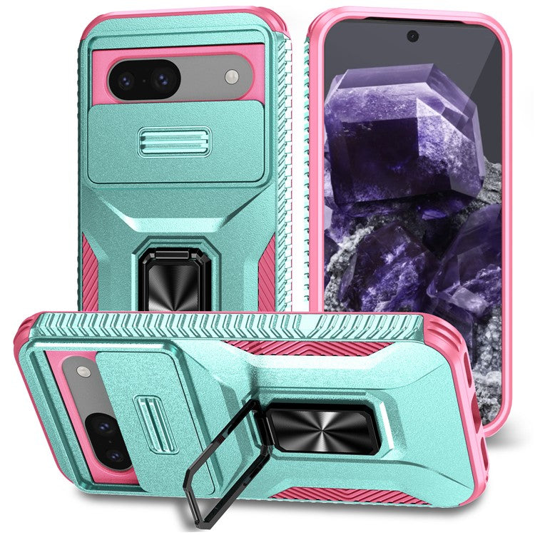 For Google Pixel 8a Case Camshield Kickstand TPU+PC Anti-Slip Phone Cover - Grey Green+Pink