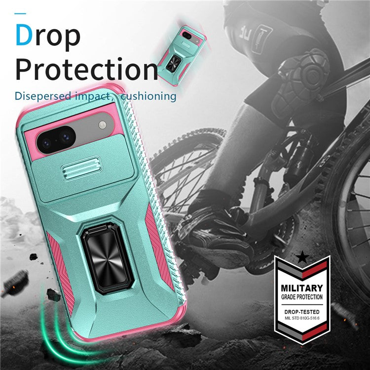 For Google Pixel 8a Case Camshield Kickstand TPU+PC Anti-Slip Phone Cover - Grey Green+Pink