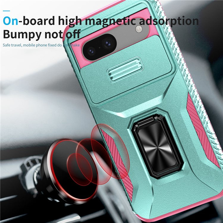 For Google Pixel 8a Case Camshield Kickstand TPU+PC Anti-Slip Phone Cover - Grey Green+Pink