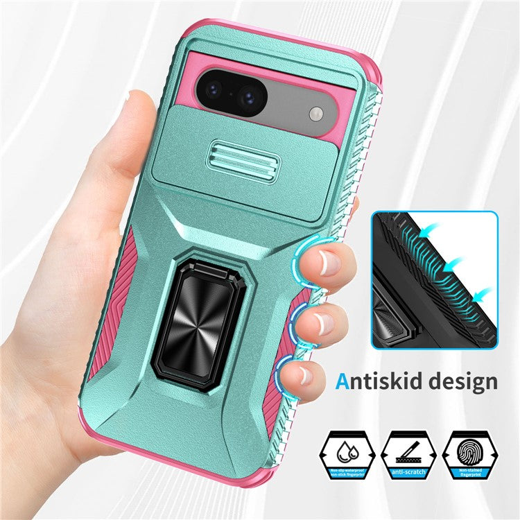 For Google Pixel 8a Case Camshield Kickstand TPU+PC Anti-Slip Phone Cover - Grey Green+Pink