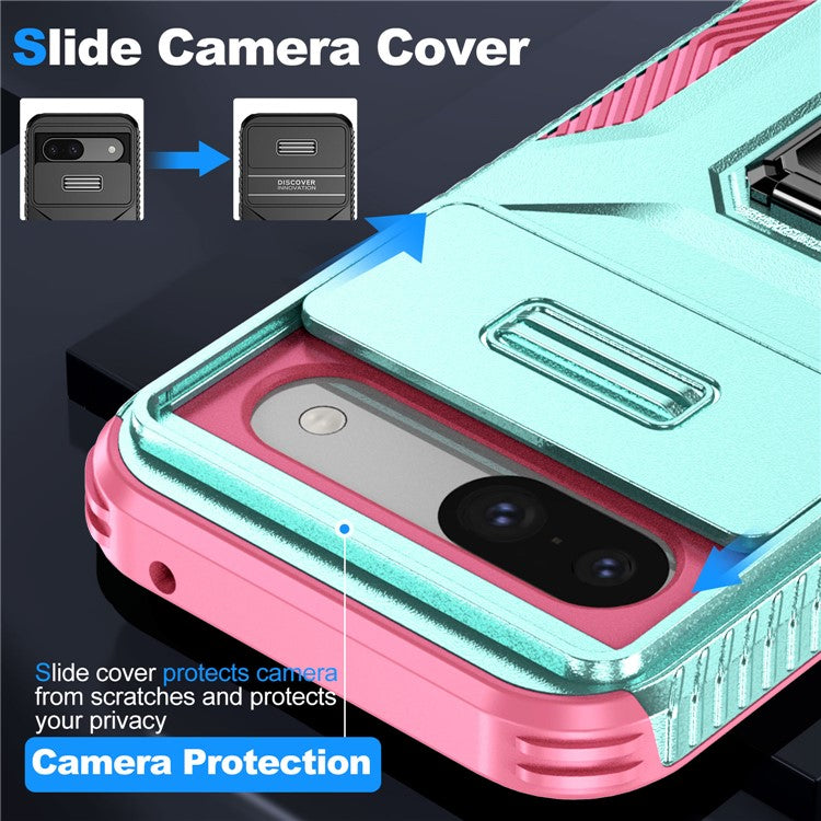 For Google Pixel 8a Case Camshield Kickstand TPU+PC Anti-Slip Phone Cover - Grey Green+Pink