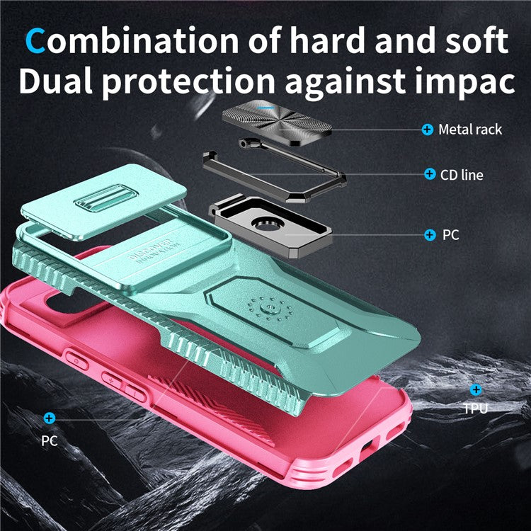 For Google Pixel 8a Case Camshield Kickstand TPU+PC Anti-Slip Phone Cover - Grey Green+Pink