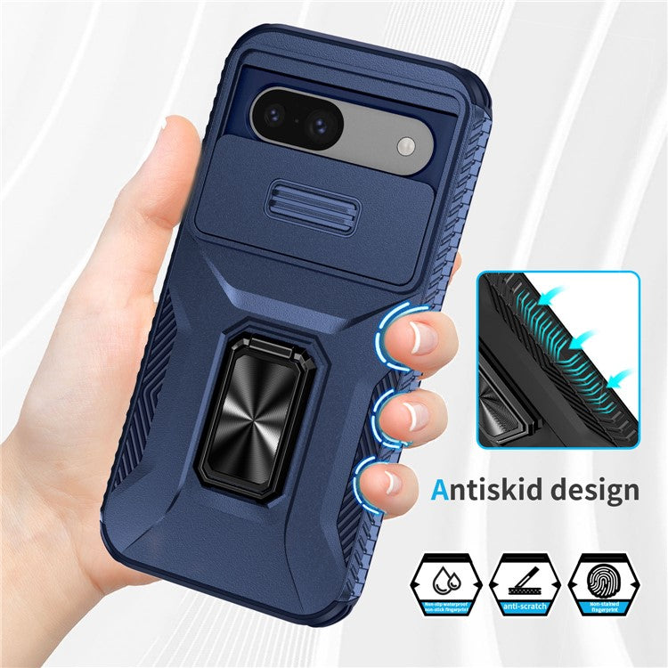 For Google Pixel 8a Case Camshield Kickstand TPU+PC Anti-Slip Phone Cover - Blue