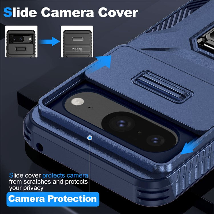 For Google Pixel 8 Case Camshield Kickstand TPU+PC Anti-Slip Phone Cover - Blue